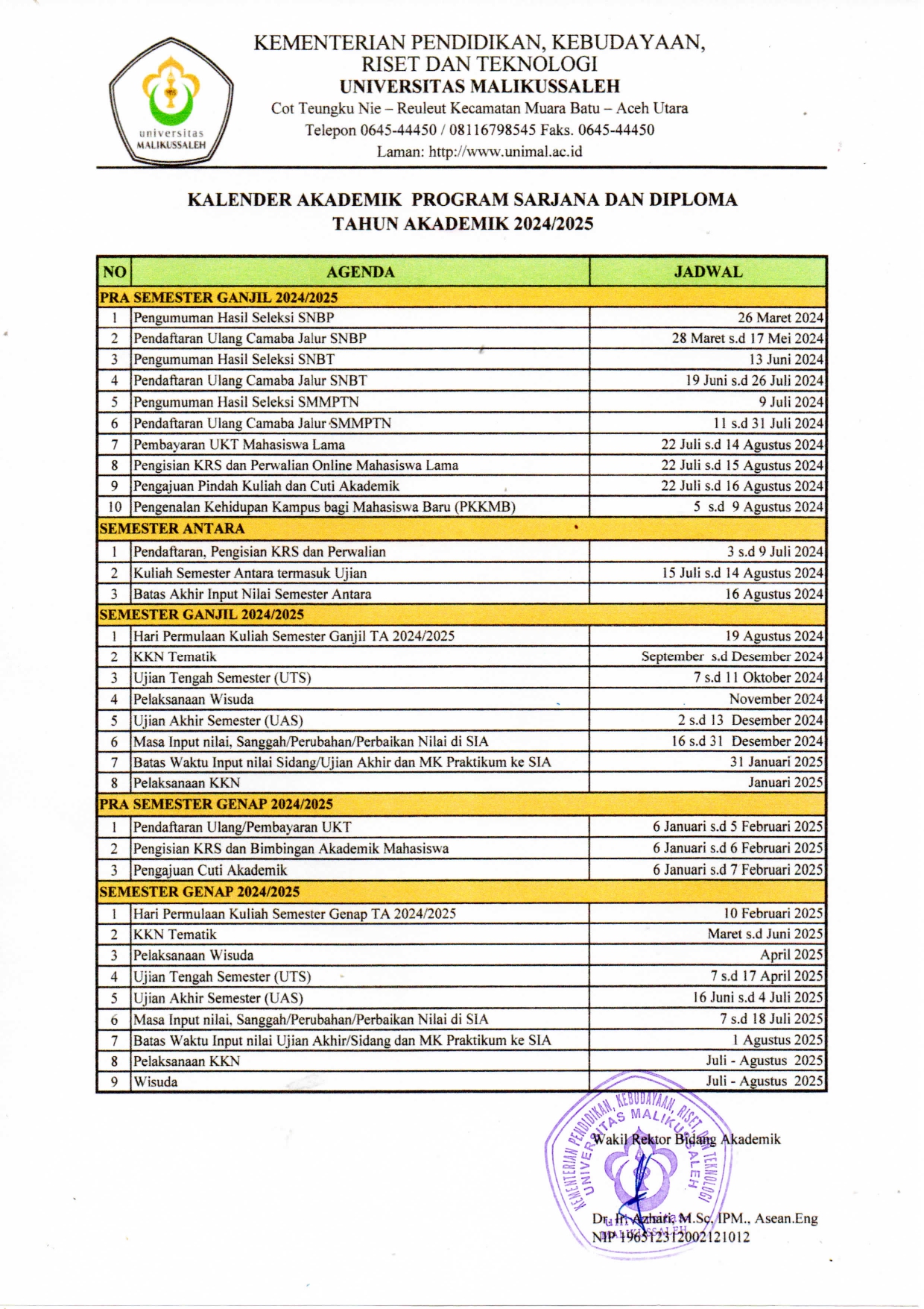 Kalender Akademik Sarjana dan Pascasarjana 2024 2025 